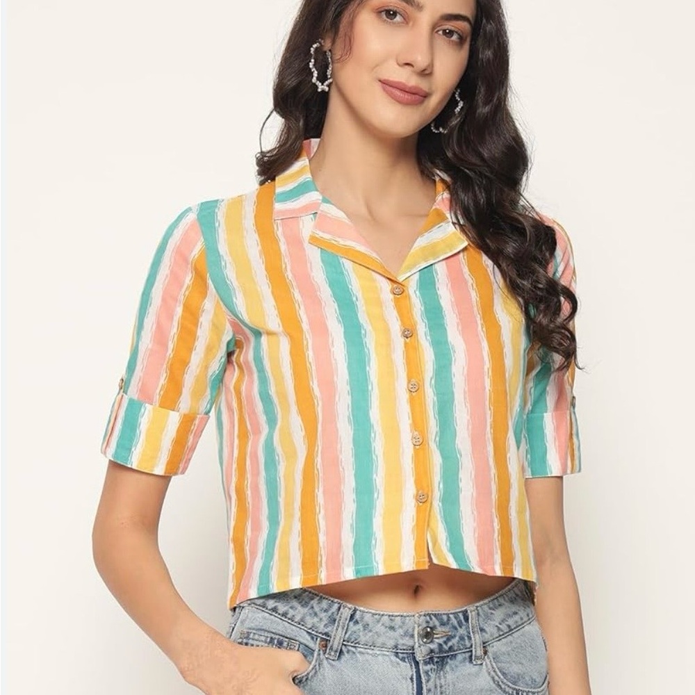 Striped Multicolor Button-Up Blouse - Casual Short Sleeve